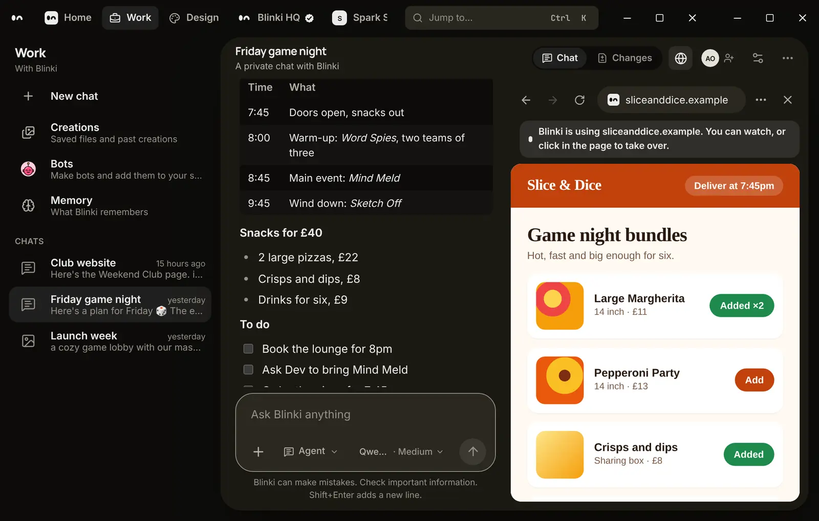 Blinki adding game night pizza to a basket in its own browser beside the chat, with a note that you can watch or take over