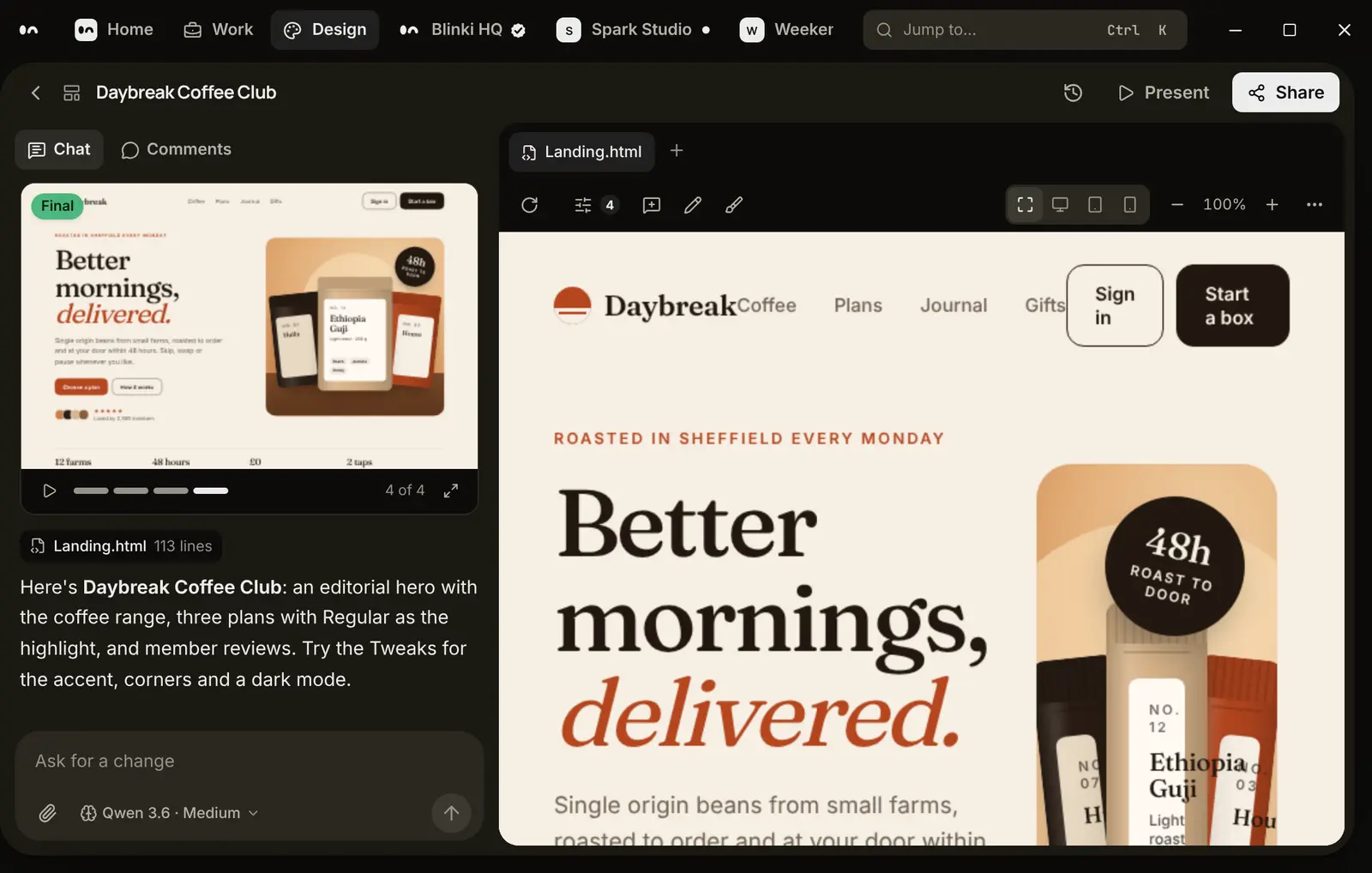 A coffee club landing page Blinki designed, open on the Design canvas beside the chat that made it