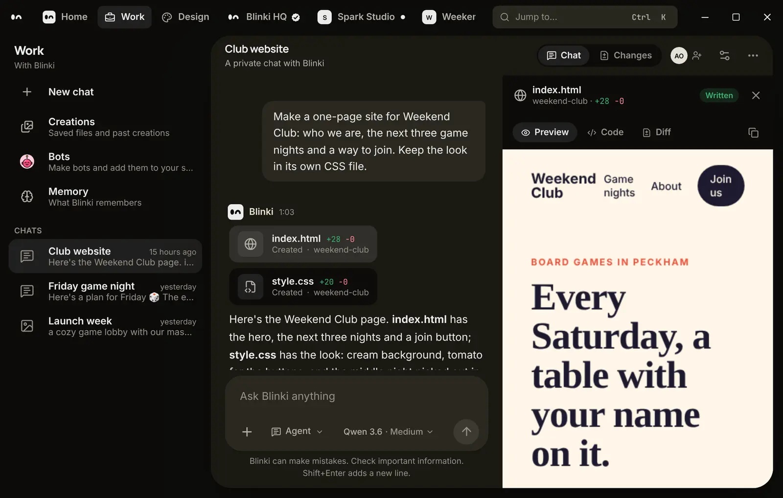 A Weekend Club web page Blinki wrote, previewed beside the Work chat with its index.html and style.css