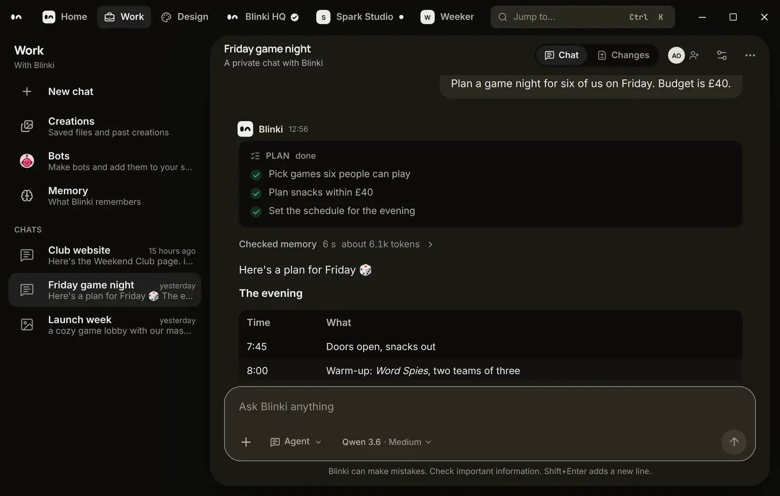 Blinki planning a Friday game night for six in a Work chat: the plan it followed and the evening, hour by hour